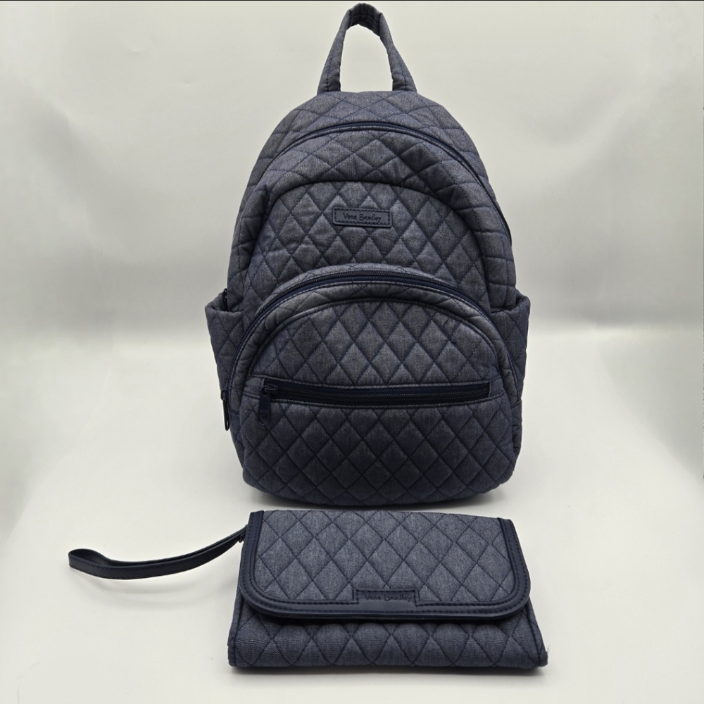 Vera Bradley Essential Compact Moonlight Navy Quilted Backpack & Wallet Set